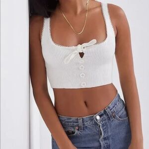 For Love & Lemons Pointelle Crop Tank Top Women's M Cream White Ribbed Tie Front